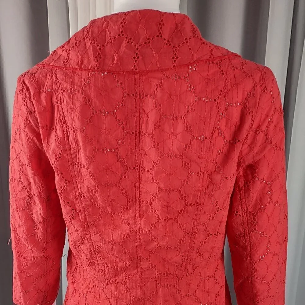 Leslie Stuart Women's 100% Cotton Coral Eyelet Floral Cotton Scallop Jacket Sz 6 - Picture 4 of 12